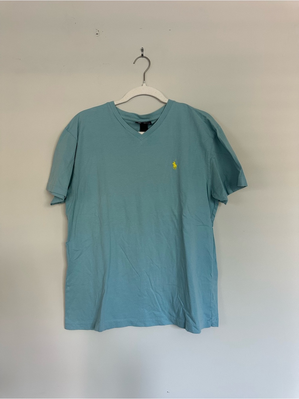 Polo by Ralph Lauren V-Neck Short Sleeve Tee in Light Teal with Yellow Logo
